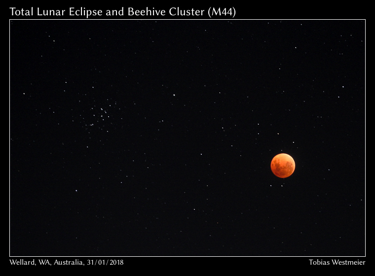 Total Lunar eclipse near the Beehive Cluster (M44)